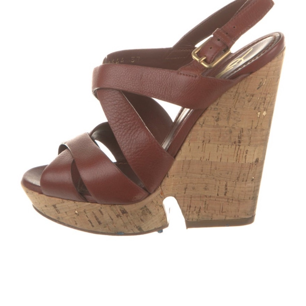 Yves Saint Laurent Rive Gauche Deauville Cognac Leather Cork Platform Wedge
